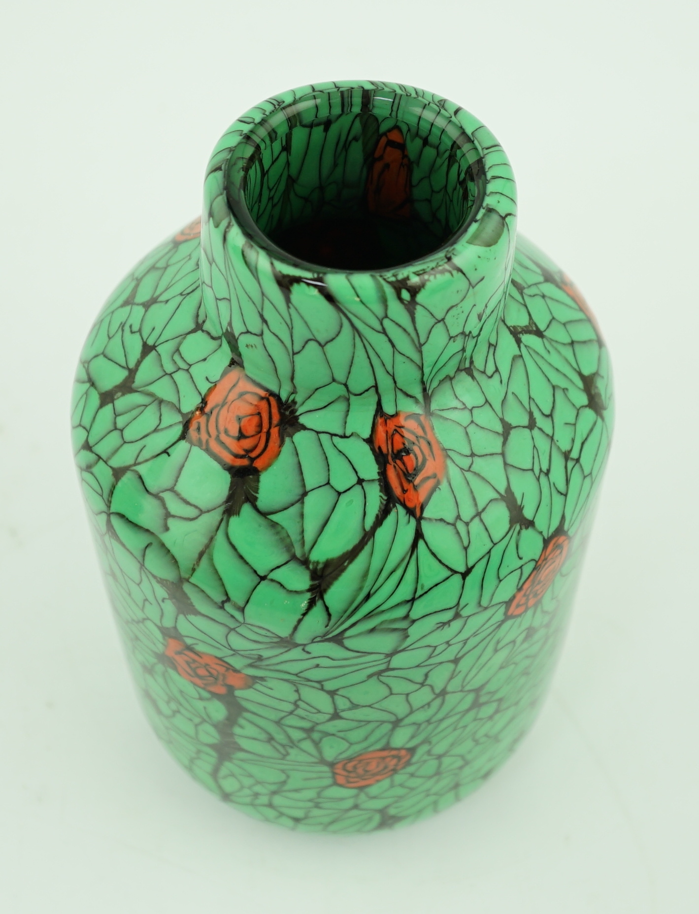 Vittorio Ferro (1932-2012) A Murano glass Murrine vase, with green leaves and red rose buds, signed, 19cms, Please note this lot attracts an additional import tax of 20% on the hammer price